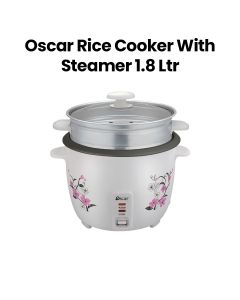 Oscar Rice Cooker with Steamer 1.8L Teflon with Glass Lid | White | ORC18WS