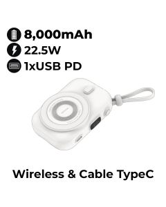 Moxedo 8000mAh Wireless Charging Power Bank with Built-in Type-C Cable - White | MX-PBH036-WH
