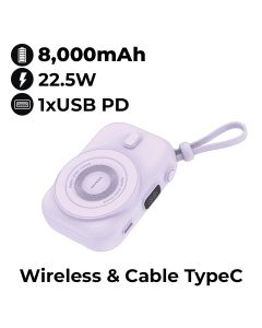 Moxedo 8000mAh Wireless Charging Power Bank with Built-in Type-C Cable - Purple | MX-PBH036-PL