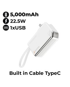 Moxedo Porta-Go 5000mAh Power Bank with AC Plug, USB-C Cable & 2 Travel Adapters - White | MX-PB016