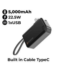 Moxedo Porta-Go 5000mAh Power Bank with AC Plug, USB-C Cable & 2 Travel Adapters - Black | MX-PB015