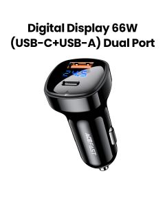 Acefast Digital Display 66W Dual Port Car Charger (USB-C+USB-A) - Black | B4