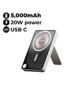 Momax Power X Pro 5000mAh Magnetic Wireless Power Bank with Stand and Built-in USB-C Cable - White |IP131HKW
