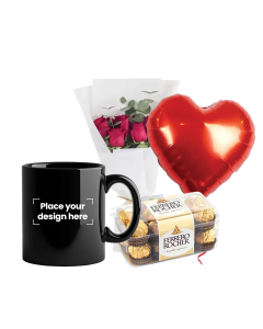 Ceramic Mug Bundle (Personalized Black Ceramic Magic Mug, Flowers, Balloon & Chocolate)