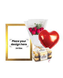 A4 Photo Frame Bundle (Personalized Brown Photo Frame, Flowers, Balloon & Chocolate)
