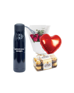 Double Walled Water Bottle Bundle (Personalized Water Bottle with Straw, Flowers, Balloon & Chocolate)