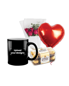 Magic Mug Bundle (Personalized Glossy Black Magic Mug, Flowers, Balloon & Chocolate)