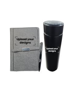 Grey Notebook + Black Temperature Bottle + Black Metal Pen