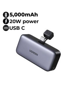 UGREEN 5000mAh Power Bank with Built-in USB-C Connector & Kickstand | Grey | UG-PB-PB503-5000C-GRY