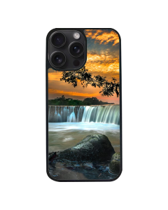 iPhone 15 Pro Max Black Case Printed With Scenic View Waterfall Againest Sky Sunset