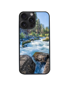 iPhone 15 Pro Max Black Case  Printed With River Surrounded With Flowers Autumn Daytime