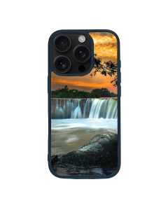 iPhone 16 Pro Max Black Case Printed With Scenic View Waterfall Againest Sky Sunset