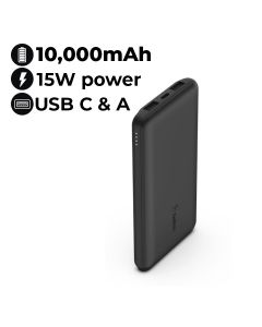 Belkin BoostCharge 3-Port Power Bank 10000 mAh + USB-A to USB-C Cable | Black | BPB011BTBK