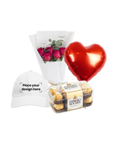 Cap Bundle (Personalized Printed White Cap, Flowers, Balloon & Chocolate)