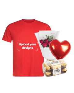 Red T-Shirt Bundle (Personalized Red T-Shirt, Flowers, Balloon & Chocolate)