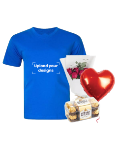 Royal Blue T-Shirt Bundle (Personalized Grey T-Shirt, Flowers, Balloon & Chocolate)