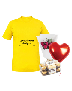 Yellow T-Shirt Bundle (Personalized Grey T-Shirt, Flowers, Balloon & Chocolate)