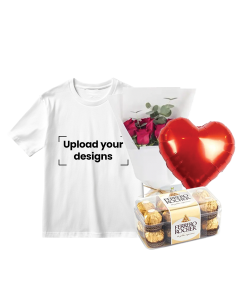 White T-Shirt Bundle (Personalized White T-Shirt, Flowers, Balloon & Chocolate)